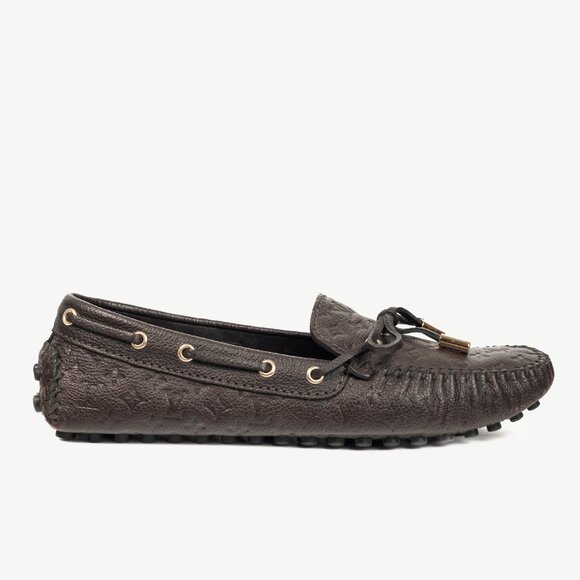 Louis Vuitton Gloria Brown Monogram-Embossed Leather Flat Loafers - Picture 2 of 14